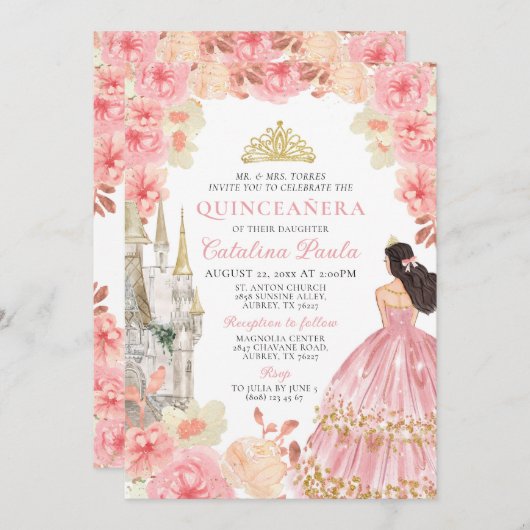 ピンクローズエレガント金ゴールドティアラプリンセスキンセアニラ 招待状 (正面/裏面)