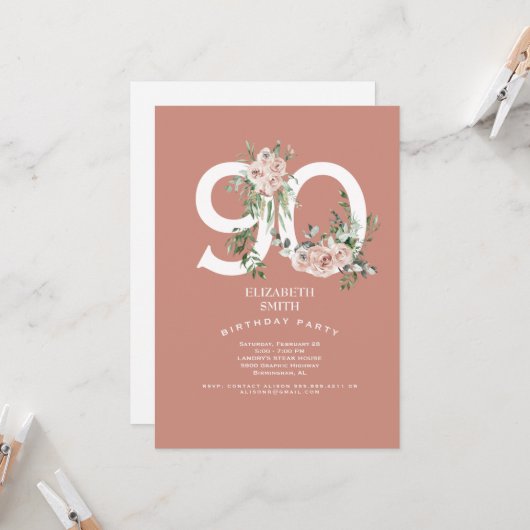 ピンクローズエレガント90thバースデーパーティーへの招待 招待状 (正面/裏面インサイチュ)