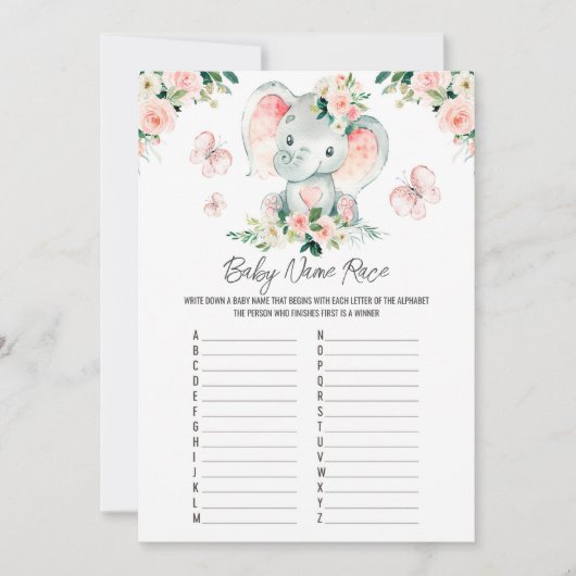 ピンクローズエレファントベビーネームレースベビーシャワー 招待状 (正面)