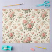 ピンクローズオンクリームヴィンテージティッシュペーパー 薄葉紙 (クラフト)