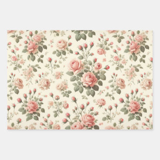 ピンクローズオンクリームヴィンテージラッピング紙 ラッピングペーパーシート