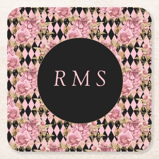 ピンクローズオンハーレクインモノグラム スクエアペーパーコースター (正面)