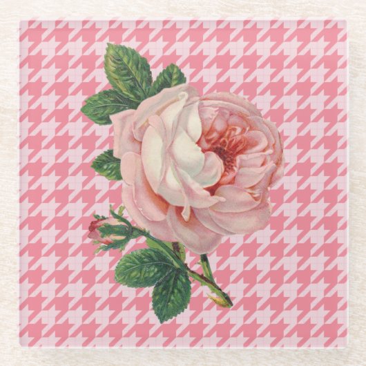 ピンクローズオンピンクハウンズ歯パターンヴィンテージ ガラスコースター (正面)