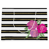 ピンクローズオンブラック、ホワイト、金ゴールド抱き枕 ラージペーパーバッグ (正面)