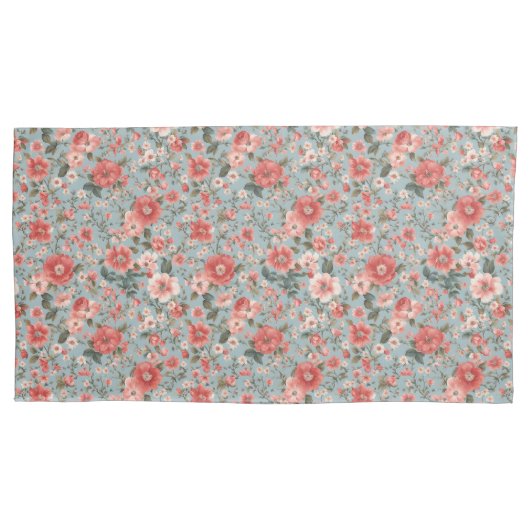 ピンクローズオンブルーイングリッシュコテージ 枕カバー (正面)