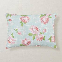 ピンクローズオンブルーコットンヴィンテージカントリー アクセントクッション