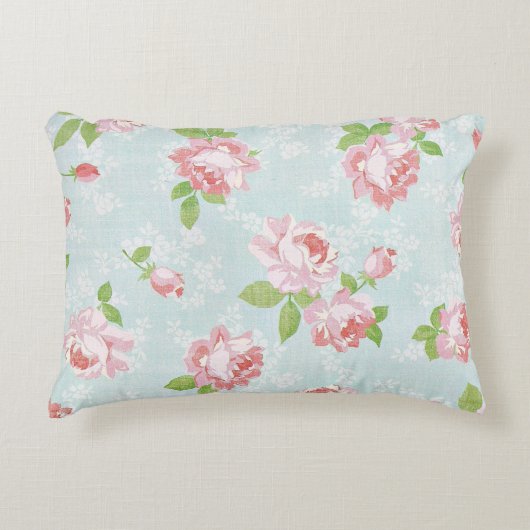 ピンクローズオンブルーコットンヴィンテージカントリー アクセントクッション (正面)