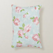 ピンクローズオンブルーコットンヴィンテージカントリー アクセントクッション (正面(垂直))