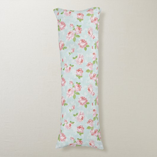 ピンクローズオンブルーヴィンテージカントリー抱き枕 ボディピロー (正面縦)