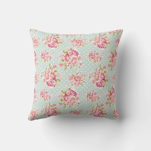 ピンクローズオンブルー水玉模様ヴィンテージシャビーシック クッション (裏面)