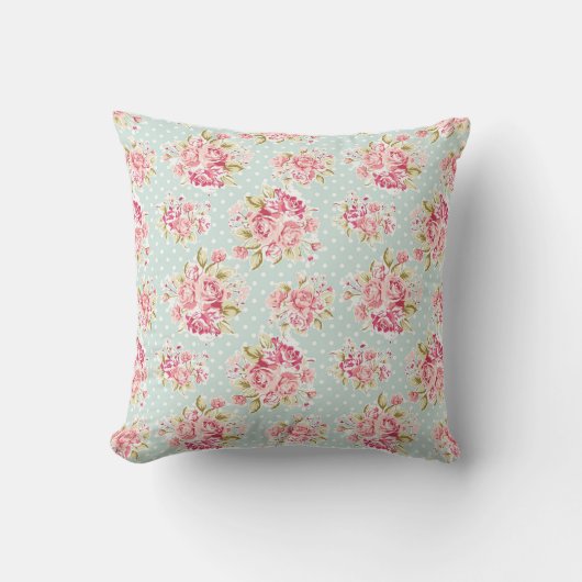 ピンクローズオンブルー水玉模様ヴィンテージシャビーシック クッション (正面)