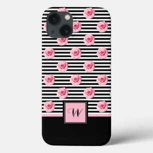 ピンクローズオン白黒ストライプイニシャル iPhone 13ケース
