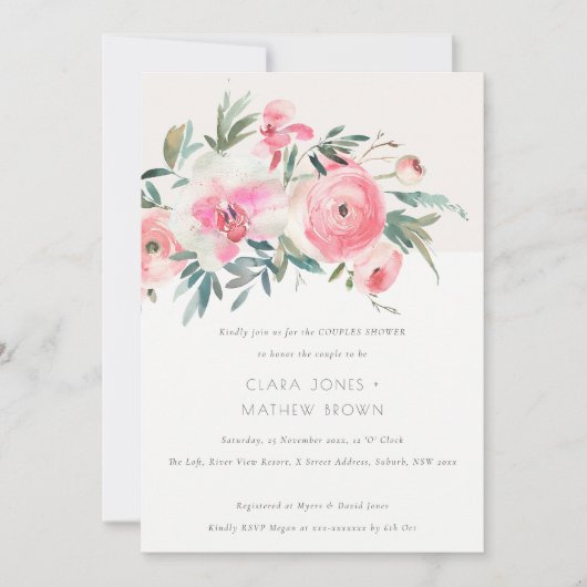 ピンクローズオーキッドウォーターカラーフローラカップルのシャワー 招待状 (正面)