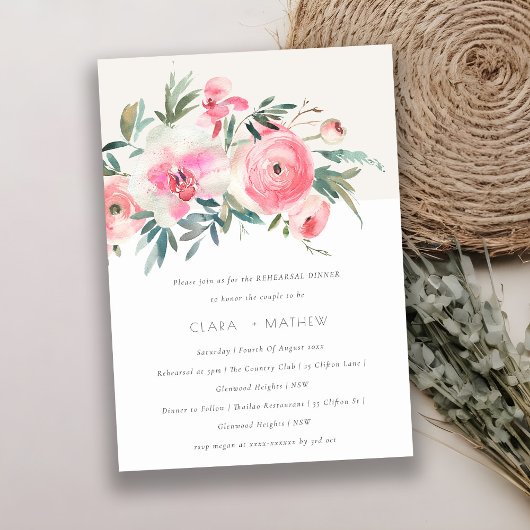 ピンクローズオーキッドウォーターカラーフローラリハーサルディナー 招待状