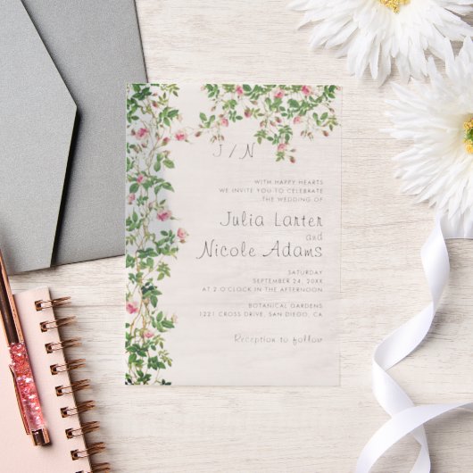 ピンクローズオールドウォールヴィンテージスタイルジャーナル結婚ズ ベラム紙招待状 (ウェディング)