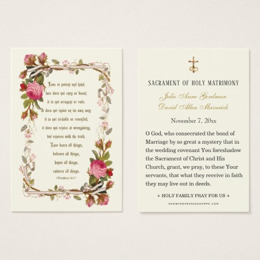ピンクローズカソリッ結婚クスの祈りの言葉カード (正面&裏面)