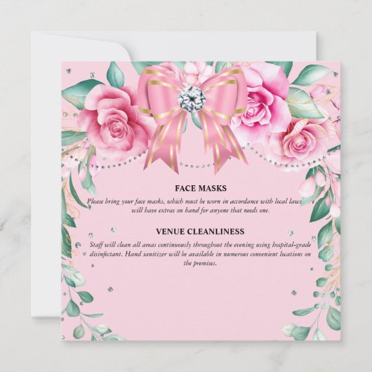 ピンクローズカントリーシックなサテンボウグリッターグラム 招待状 (裏面)