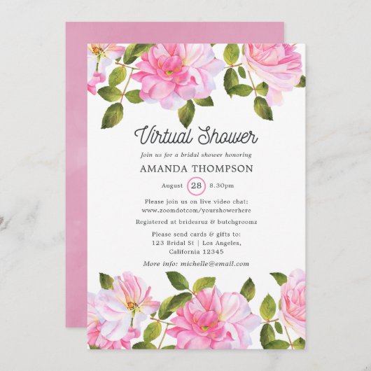 ピンクローズガーデンバーチャルシャワー 招待状 (正面/裏面)