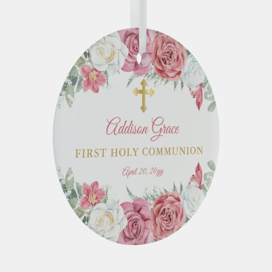 ピンクローズガーデンフローラガールファースト聖餐式 ガラスオーナメント (正面右)