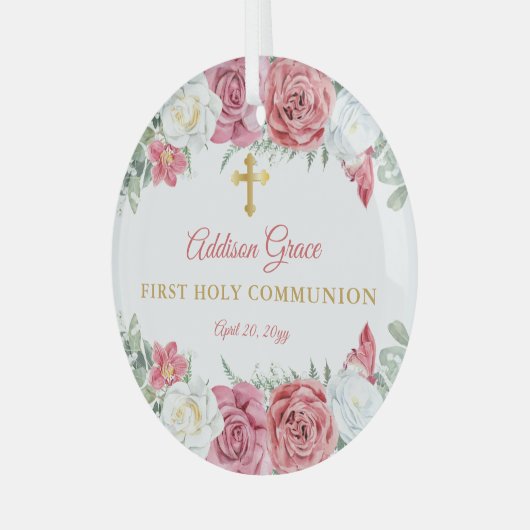 ピンクローズガーデンフローラガールファースト聖餐式 ガラスオーナメント (正面左)