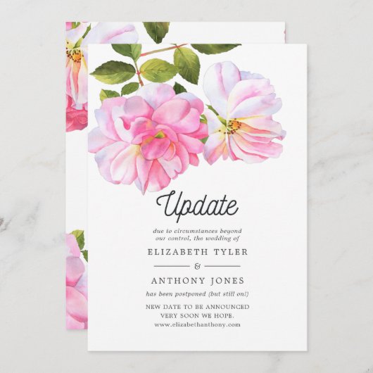 ピンクローズガーデン結婚の更新を延期 招待状 (正面/裏面)