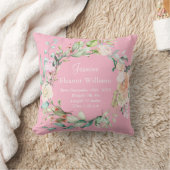 ピンクローズガーランドパーソナライズされたベビー誕生統計 クッション (ブランケット)