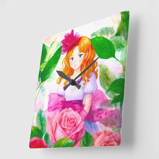 ピンクローズガール スクエア壁時計 (傾斜)