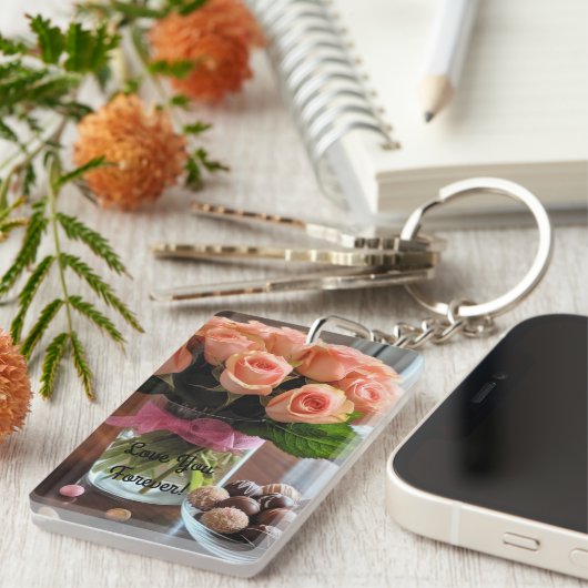 ピンクローズキーチパーソナライズされたェーン キーホルダー (正面右)