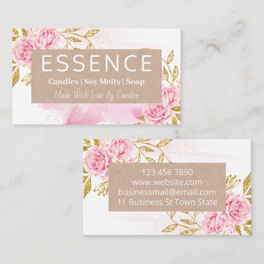 ピンクローズクラフトろうそく大豆溶融石けんとDIYクラフト 名刺 (正面/裏面)