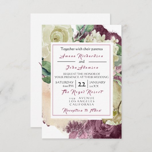 ピンクローズクリーミーマルサラフローラ結婚バラ 招待状 (正面/裏面)