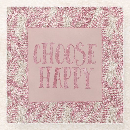 ピンクローズクリームグリッターグリッツトロピカル葉 ガラスコースター (正面)