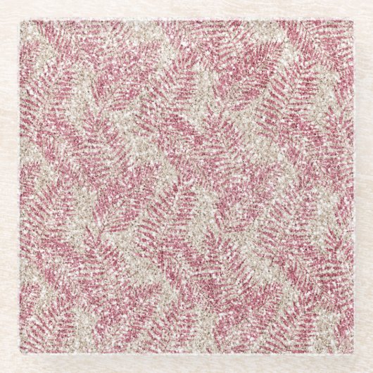 ピンクローズクリームグリッターグリッツトロピカル葉 ガラスコースター (正面)