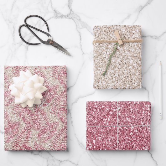 ピンクローズクリームグリッターグリッツトロピカル葉 ラッピングペーパーシート (正面)