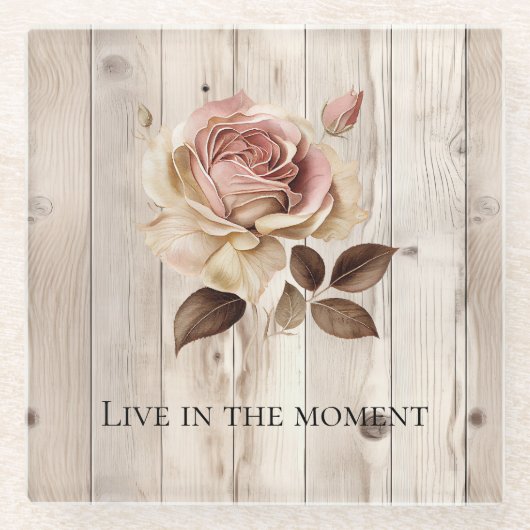 ピンクローズクリームホワイトフェイクウッド ガラスコースター (正面)