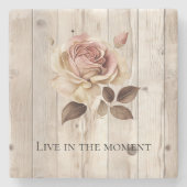 ピンクローズクリームホワイトフェイクウッド ストーンコースター (正面)