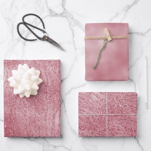 ピンクローズグリッターゼブラ動物 ラッピングペーパーシート (正面)