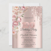 ピンクローズグリッタードリプスバラ金ゴールド100thBirthday 招待状 (正面)