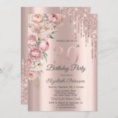 ピンクローズグリッタードリプスバラ金ゴールド30th誕生日 招待状 (正面/裏面)