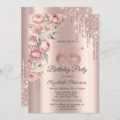 ピンクローズグリッタードリプスバラ金ゴールド65th誕生日 招待状 (正面/裏面)