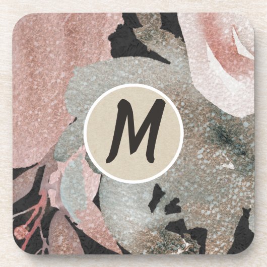 ピンクローズグリッターバラダークフローラグラムエレガント コースター (正面)