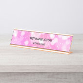ピンクローズグリッターモノグラム名モダンバラ金ゴールド デスクネームプレート (正面)