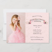 ピンクローズグリッター&ハートバースデーパーティー写真 招待状 (正面)