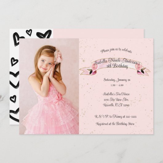 ピンクローズグリッター&ハートバースデーパーティー写真 招待状 (正面/裏面)