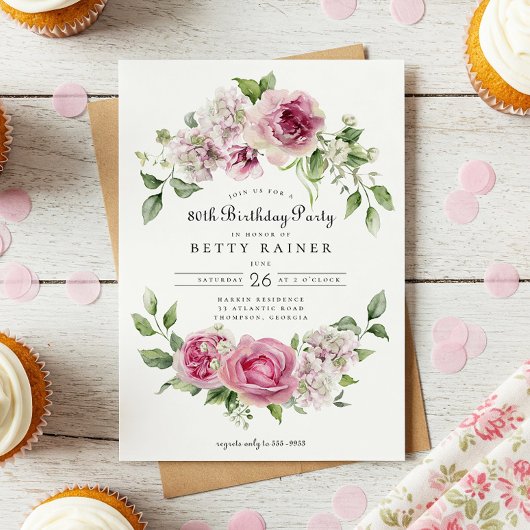 ピンクローズグリーナリーフローラアルチ80th誕生日パーティー 招待状