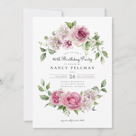 ピンクローズグリーナリーフローラアーチバースデーパーティー90th 招待状 (正面)
