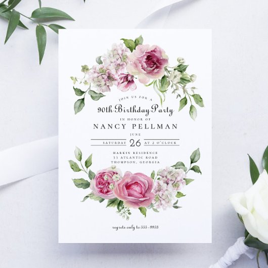 ピンクローズグリーナリーフローラアーチバースデーパーティー90th 招待状