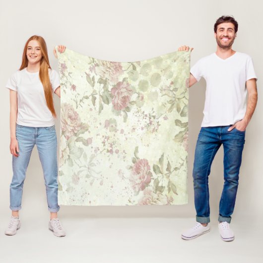 ピンクローズグリーンフローラコテージコアシャビーシック フリースブランケット (インサイチュ)