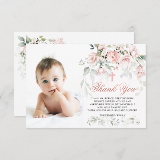 ピンクローズグリーンリー洗礼フォトフラットサンキュー サンキューカード (正面/裏面)
