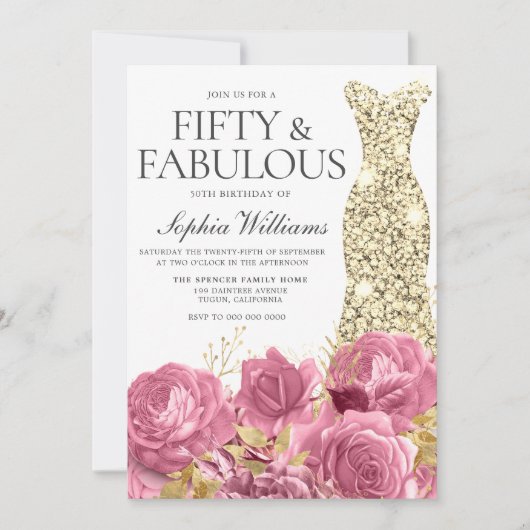 ピンクローズゴールデンガウン50thバースデーパーティー 招待状 (正面)