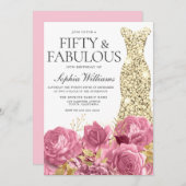 ピンクローズゴールデンガウン50thバースデーパーティー 招待状 (正面/裏面)